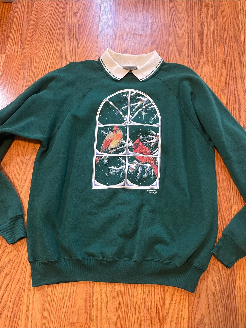Vintage Winter Scene Bird Christmas Sweatshirt with Collar Grandma Cottage XL